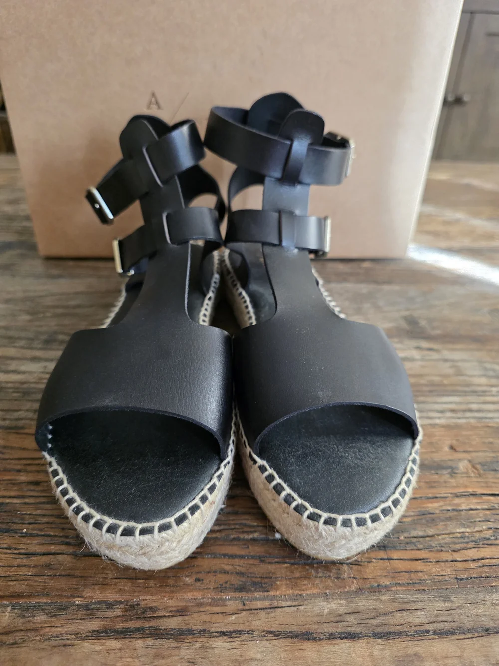 Anthropologie Black Leather Espadrille Sandals with Buckle Straps